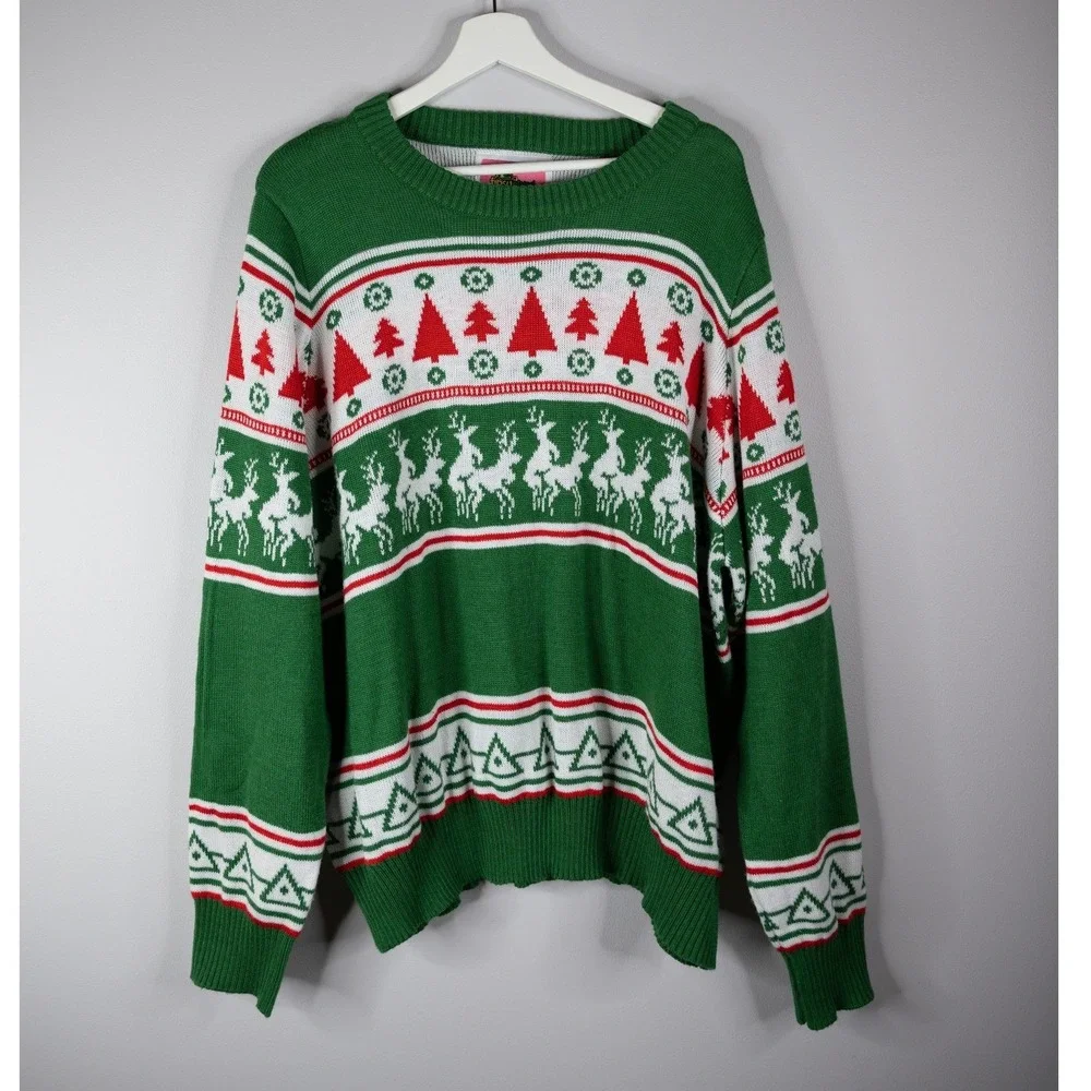 Tipsy Elves Ugly Christmas Sweater Mens XXL Green Reindeer Fair Isle Excellent